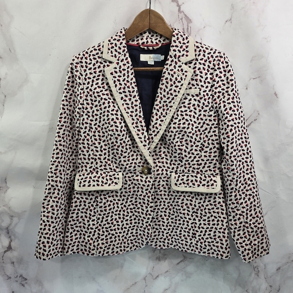 Boden Blazer Womens 8 P Petite Red Blue Polka Dot One Button Jacket - Picture 1 of 11